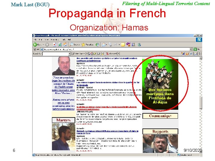 Mark Last (BGU) Filtering of Multi-Lingual Terrorist Content Propaganda in French Organization: Hamas 6