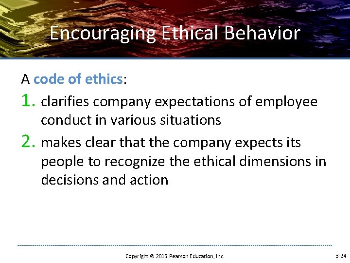 Encouraging Ethical Behavior A code of ethics: 1. clarifies company expectations of employee conduct