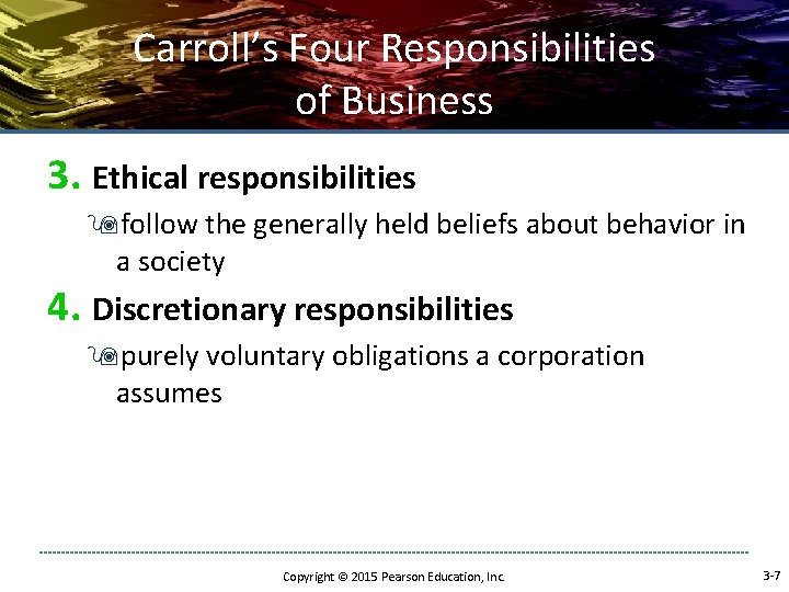 Carroll’s Four Responsibilities of Business 3. Ethical responsibilities 9 follow the generally held beliefs