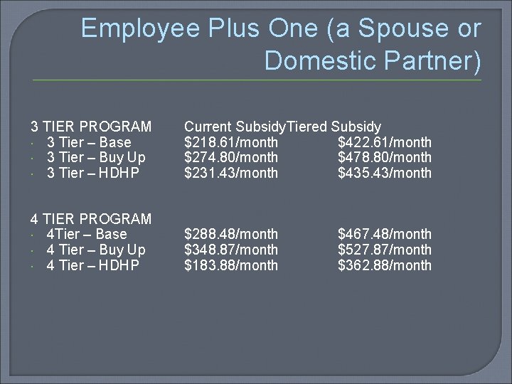Employee Plus One (a Spouse or Domestic Partner) 3 TIER PROGRAM 3 Tier –