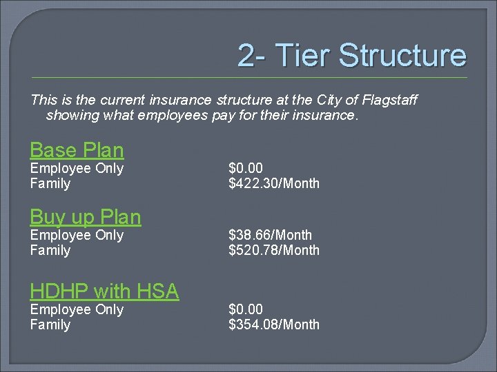 2 - Tier Structure This is the current insurance structure at the City of