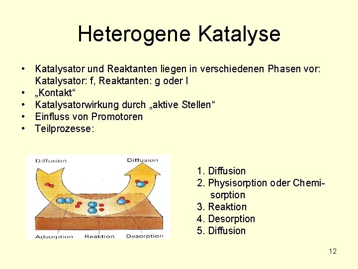 Heterogene Katalyse • Katalysator und Reaktanten liegen in verschiedenen Phasen vor: Katalysator: f, Reaktanten: