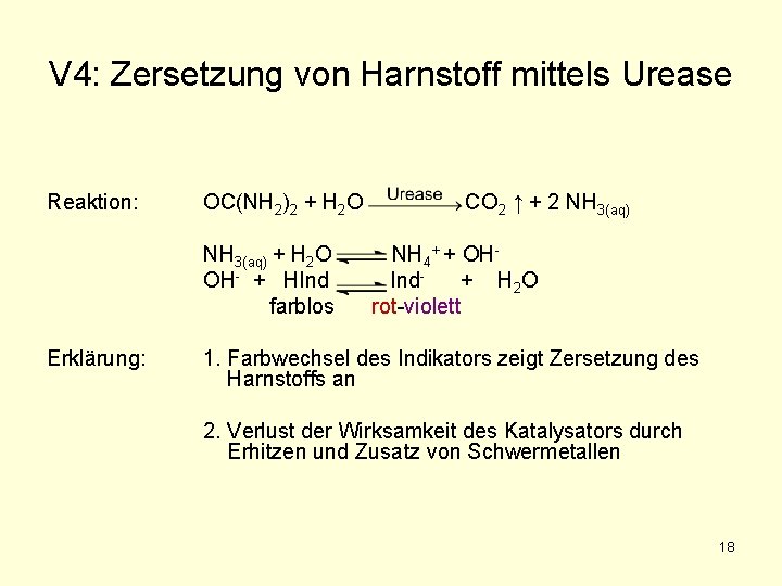 V 4: Zersetzung von Harnstoff mittels Urease Reaktion: OC(NH 2)2 + H 2 O