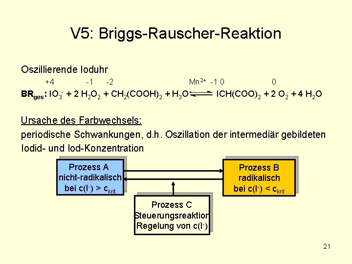 V 5: Briggs-Rauscher-Reaktion Oszillierende Ioduhr +4 -1 -2 Mn 2+ -1 0 BRges: IO