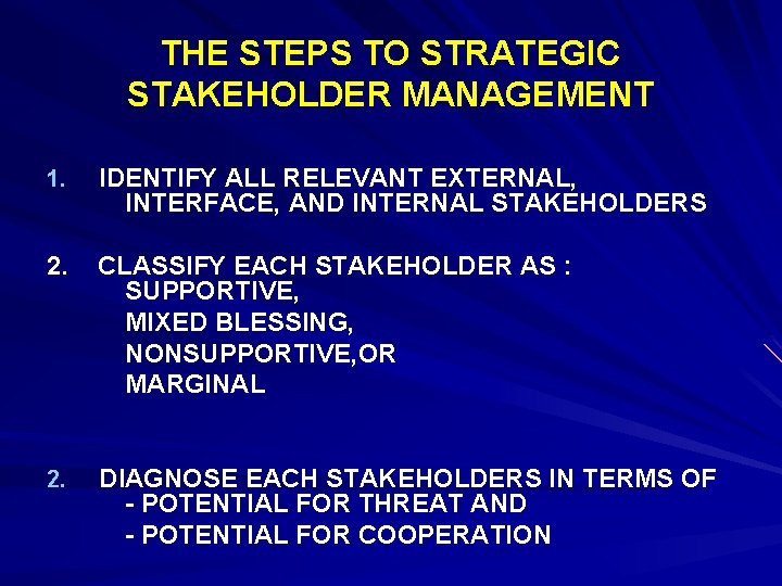 THE STEPS TO STRATEGIC STAKEHOLDER MANAGEMENT 1. IDENTIFY ALL RELEVANT EXTERNAL, INTERFACE, AND INTERNAL