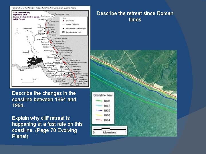 Describe the retreat since Roman times Describe the changes in the coastline between 1864