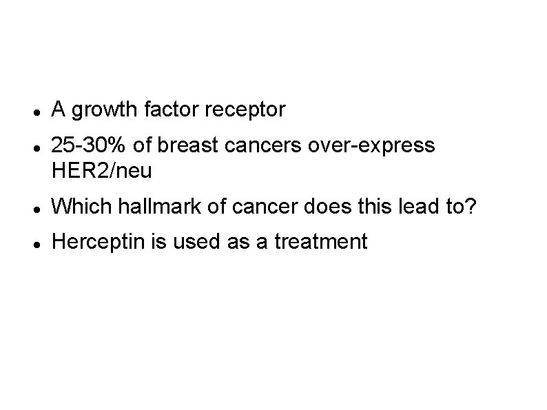 HER 2/neu—an oncogene A growth factor receptor 25 -30% of breast cancers over-express HER