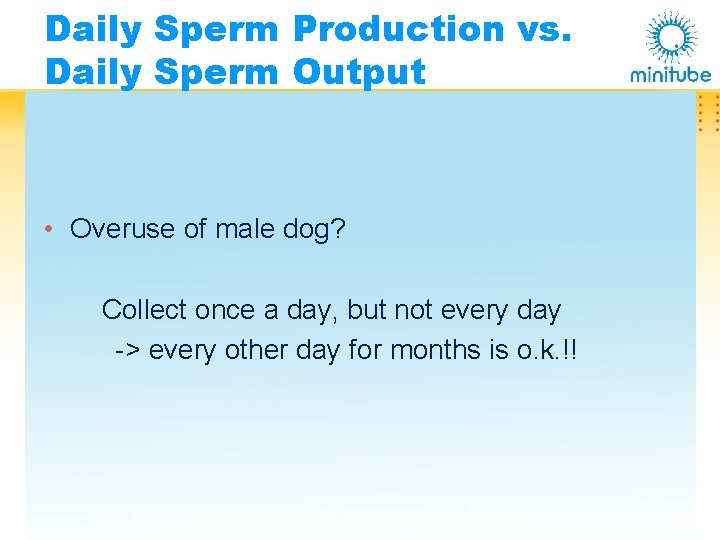 Daily Sperm Production vs. Daily Sperm Output • Overuse of male dog? Collect once