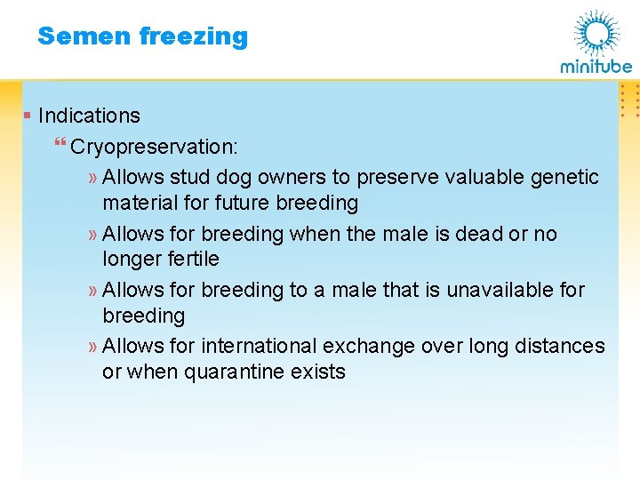 Semen freezing § Indications } Cryopreservation: » Allows stud dog owners to preserve valuable