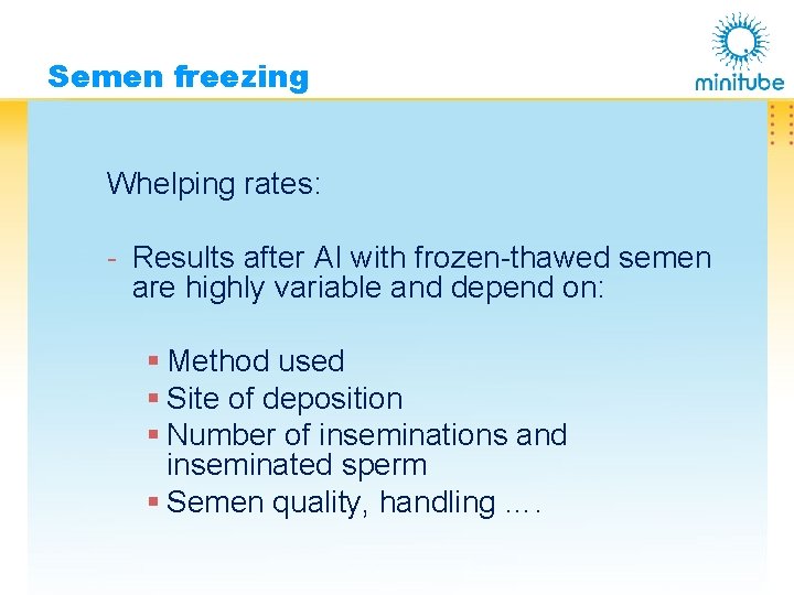 Semen freezing Whelping rates: - Results after AI with frozen-thawed semen are highly variable