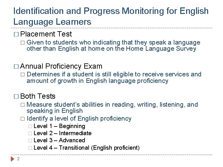 Identification and Progress Monitoring for English Language Learners � Placement � Given to students