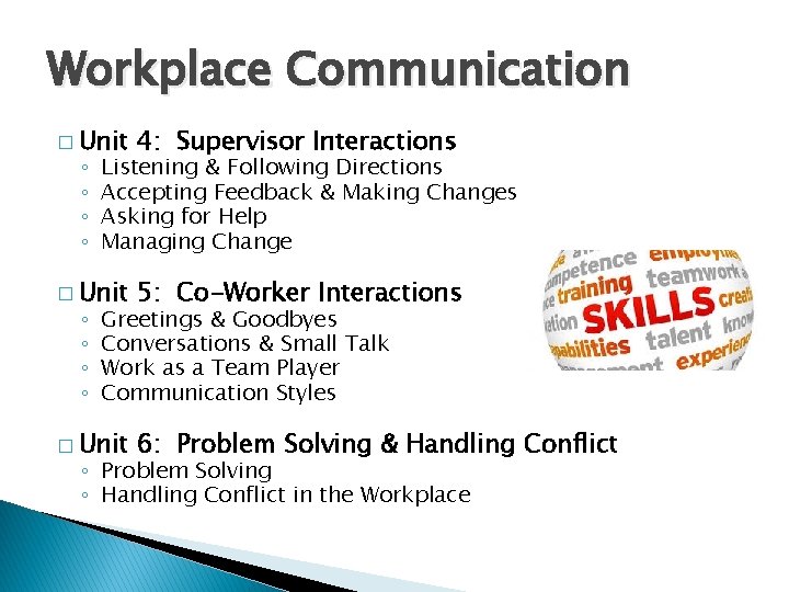 Workplace Communication � Unit 4: Supervisor Interactions � Unit 5: Co-Worker Interactions � Unit