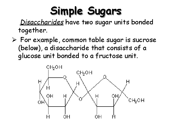 Simple Sugars Ø Disaccharides have two sugar units bonded together. Ø For example, common