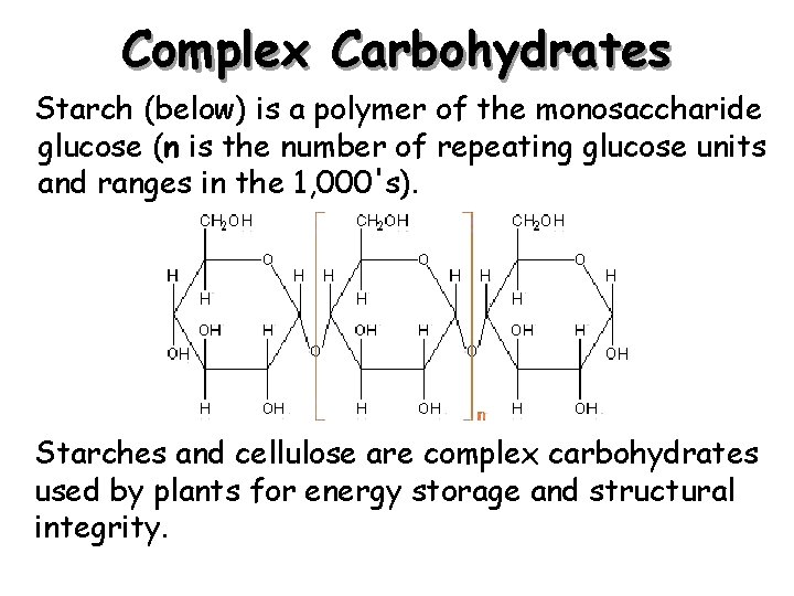 Complex Carbohydrates Starch (below) is a polymer of the monosaccharide glucose (n is the