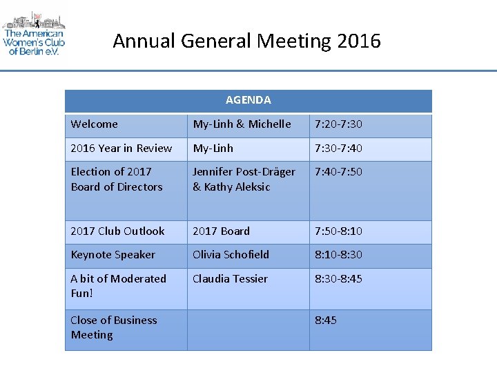 Annual General Meeting 2016 AGENDA Welcome My-Linh & Michelle 7: 20 -7: 30 2016