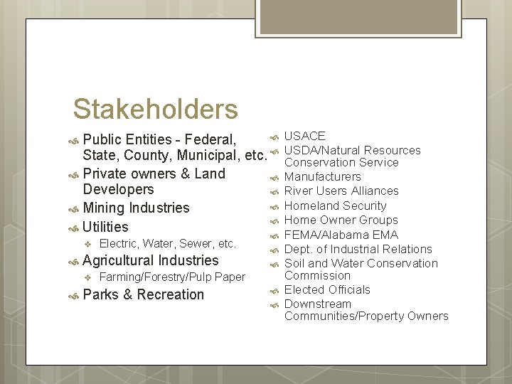 Stakeholders Public Entities - Federal, State, County, Municipal, etc. Private owners & Land Developers