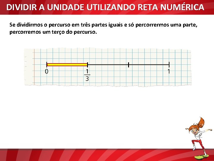 DIVIDIR A UNIDADE UTILIZANDO RETA NUMÉRICA Se dividirmos o percurso em três partes iguais