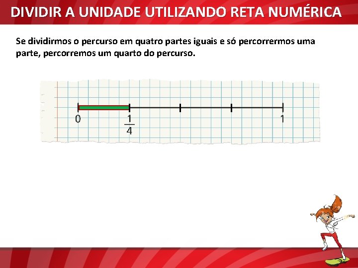 DIVIDIR A UNIDADE UTILIZANDO RETA NUMÉRICA Se dividirmos o percurso em quatro partes iguais