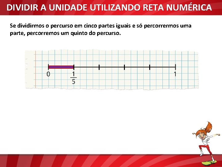 DIVIDIR A UNIDADE UTILIZANDO RETA NUMÉRICA Se dividirmos o percurso em cinco partes iguais