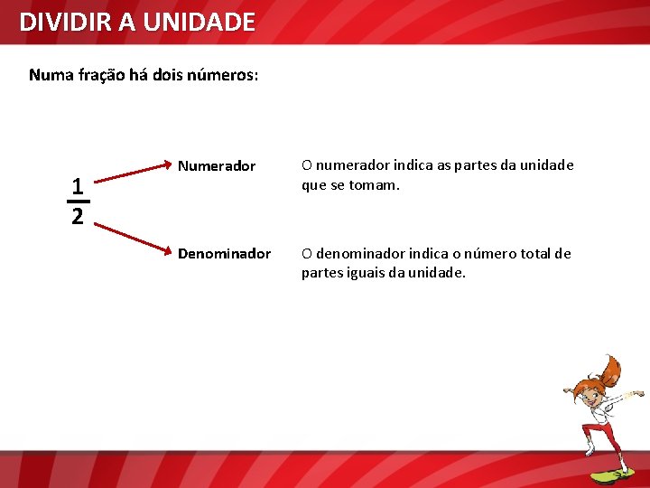 DIVIDIR A UNIDADE Numa fração há dois números: 1 2 Numerador O numerador indica