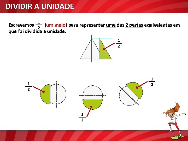 DIVIDIR A UNIDADE 1 Escrevemos 2 (um meio) para representar uma das 2 partes