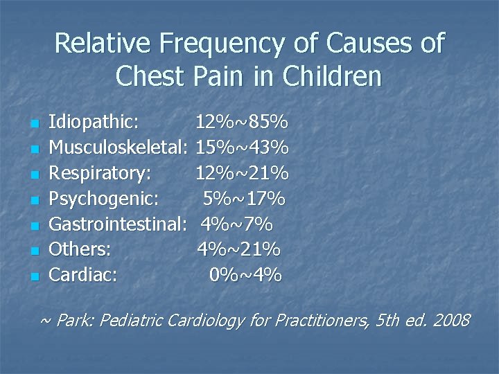Relative Frequency of Causes of Chest Pain in Children n n n Idiopathic: 12%~85%