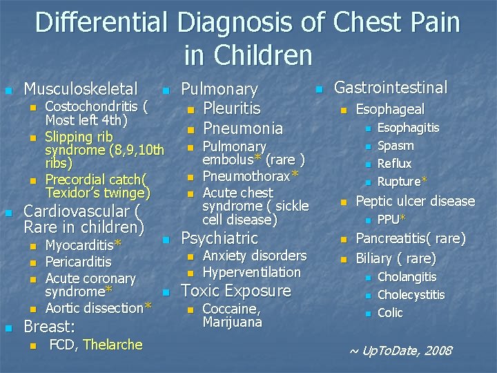 Differential Diagnosis of Chest Pain in Children n Musculoskeletal n n n n Costochondritis