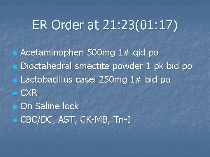 ER Order at 21: 23(01: 17) n n n Acetaminophen 500 mg 1# qid