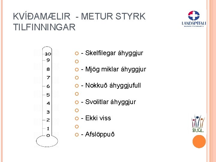 KVÍÐAMÆLIR - METUR STYRK TILFINNINGAR - Skelfilegar áhyggjur - Mjög miklar áhyggjur - Nokkuð