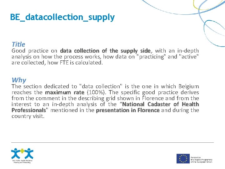 BE_datacollection_supply Title Good practice on data collection of the supply side, side with an