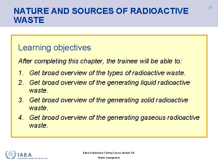 NATURE AND SOURCES OF RADIOACTIVE WASTE Learning objectives After completing this chapter, the trainee