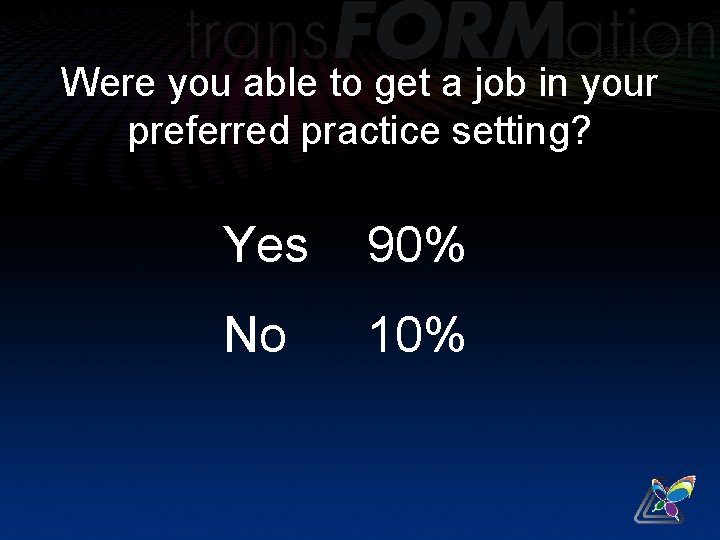 Were you able to get a job in your preferred practice setting? Yes 90%