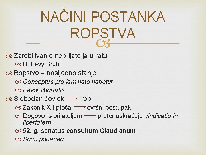 NAČINI POSTANKA ROPSTVA Zarobljivanje neprijatelja u ratu H. Levy Bruhl Ropstvo = nasljedno stanje