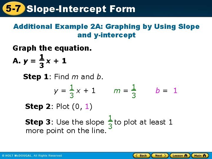 5 -7 Slope-Intercept Form Additional Example 2 A: Graphing by Using Slope and y-intercept