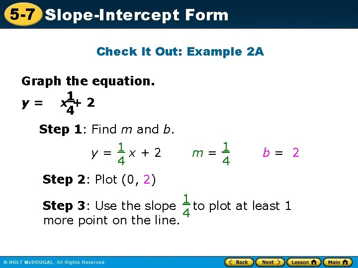 5 -7 Slope-Intercept Form Check It Out: Example 2 A Graph the equation. 1