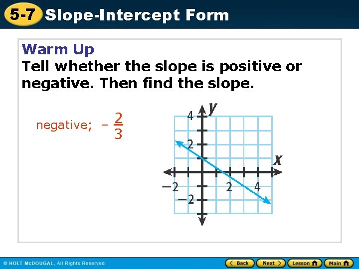 5 -7 Slope-Intercept Form Warm Up Tell whether the slope is positive or negative.