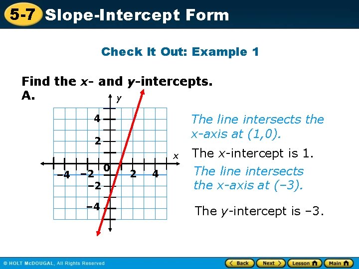 5 -7 Slope-Intercept Form Check It Out: Example 1 Find the x- and y-intercepts.