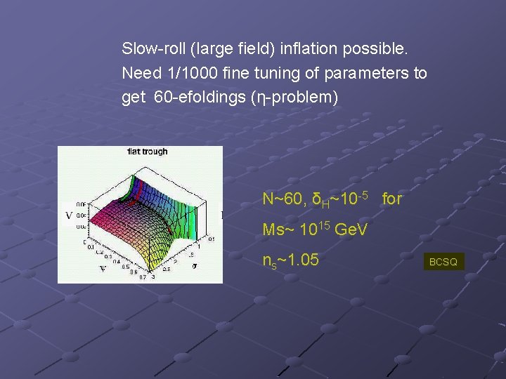 Slow-roll (large field) inflation possible. Need 1/1000 fine tuning of parameters to get 60