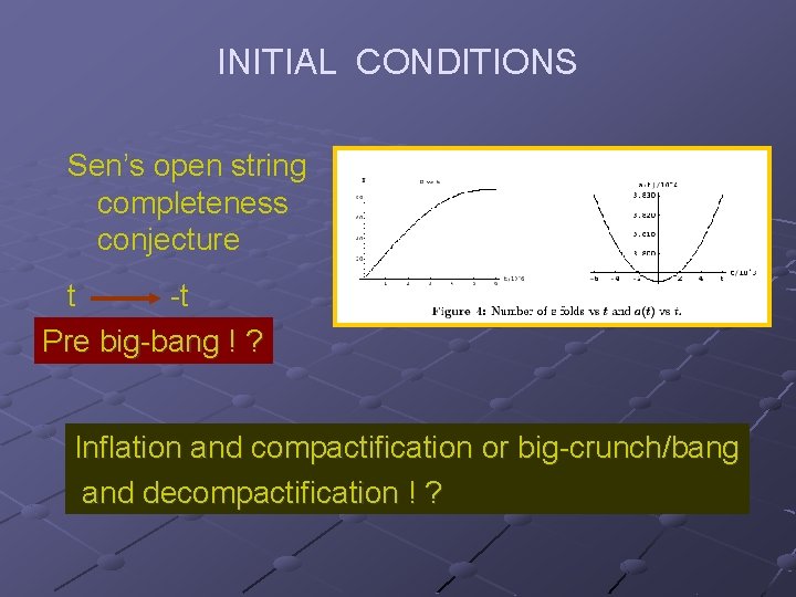 INITIAL CONDITIONS Sen’s open string completeness conjecture t -t Pre big-bang ! ? Inflation