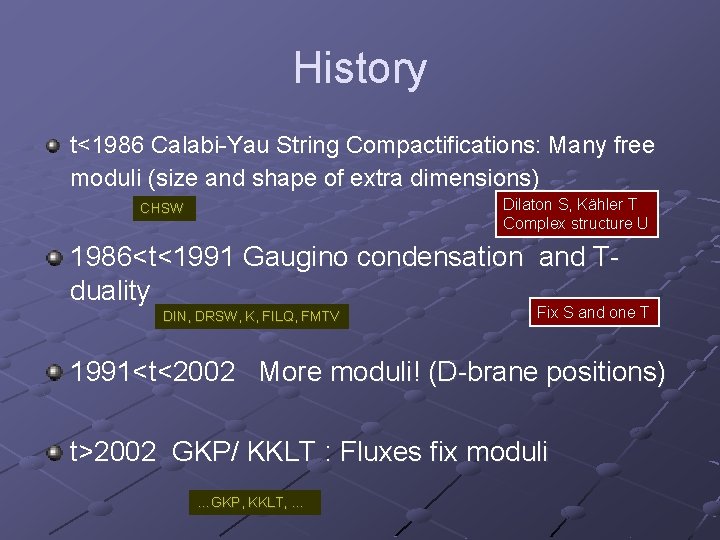 History t<1986 Calabi-Yau String Compactifications: Many free moduli (size and shape of extra dimensions)