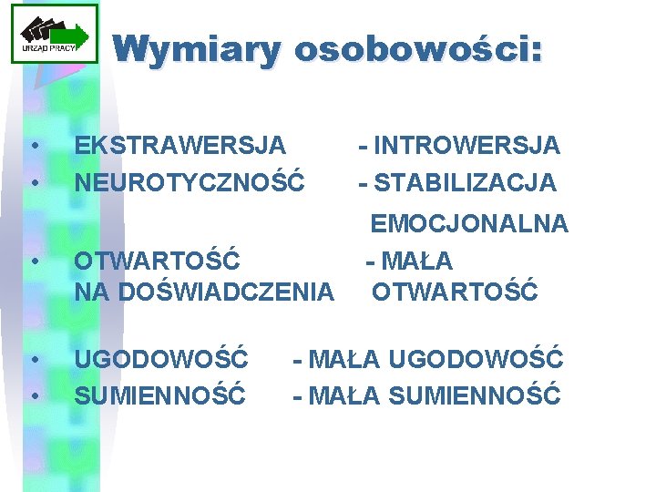 Wymiary osobowości: • • EKSTRAWERSJA NEUROTYCZNOŚĆ - INTROWERSJA - STABILIZACJA • OTWARTOŚĆ NA DOŚWIADCZENIA