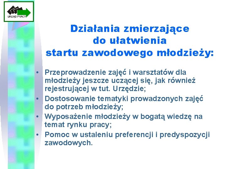 Działania zmierzające do ułatwienia startu zawodowego młodzieży: • Przeprowadzenie zajęć i warsztatów dla młodzieży