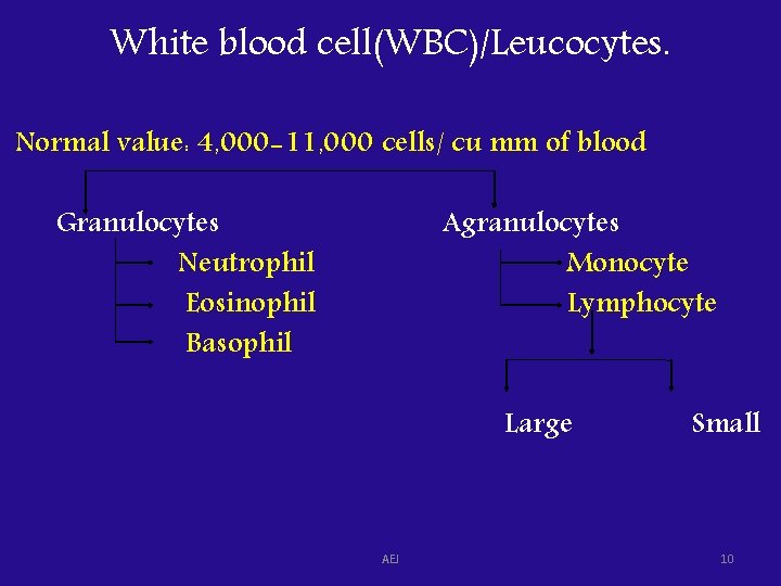 White blood cell(WBC)/Leucocytes. Normal value: 4, 000 -11, 000 cells/ cu mm of blood