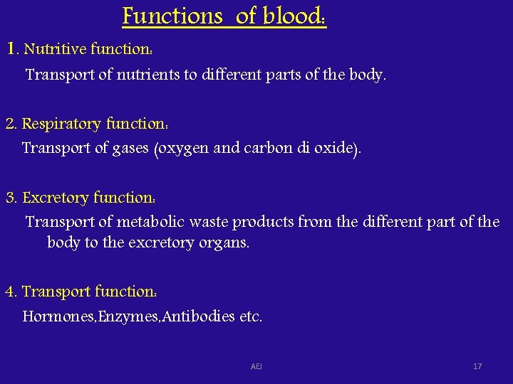 Functions of blood: 1. Nutritive function: Transport of nutrients to different parts of the