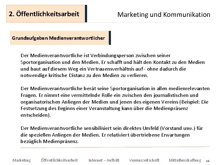 2. Öffentlichkeitsarbeit Marketing und Kommunikation Grundaufgaben Medienverantwortlicher Der Medienverantwortliche ist Verbindungsperson zwischen seiner Sportorganisation