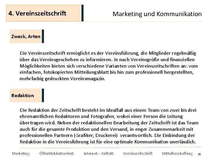 4. Vereinszeitschrift Marketing und Kommunikation Zweck, Arten Die Vereinszeitschrift ermöglicht es der Vereinsführung, die