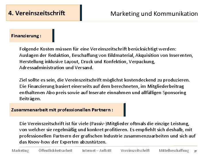 4. Vereinszeitschrift Marketing und Kommunikation Finanzierung : Folgende Kosten müssen für eine Vereinszeitschrift berücksichtigt