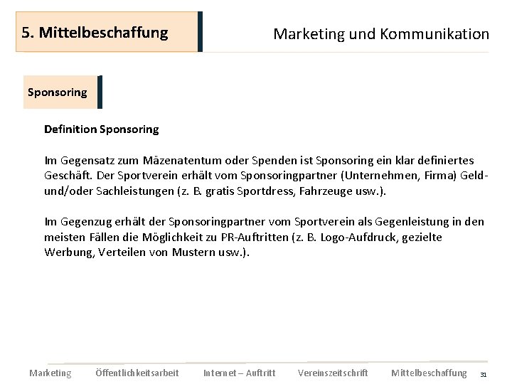 5. Mittelbeschaffung Marketing und Kommunikation Sponsoring Definition Sponsoring Im Gegensatz zum Mäzenatentum oder Spenden