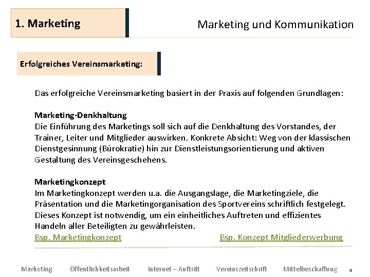 1. Marketing und Kommunikation Erfolgreiches Vereinsmarketing: Das erfolgreiche Vereinsmarketing basiert in der Praxis auf