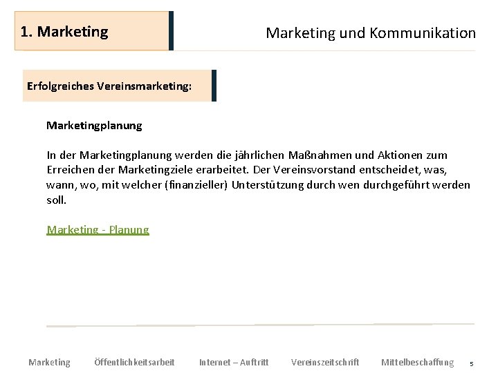 1. Marketing und Kommunikation Erfolgreiches Vereinsmarketing: Marketingplanung In der Marketingplanung werden die jährlichen Maßnahmen